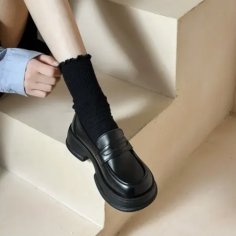 厚底乐福鞋女2024新款黑色一脚蹬皮鞋女款单鞋子英伦学院风小皮鞋商品大图