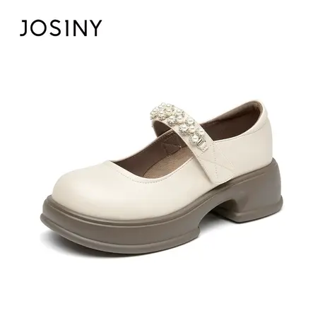 Josiny厚底小皮鞋女2023春季新款珍珠圆头玛丽珍鞋女鞋浅口单鞋图片