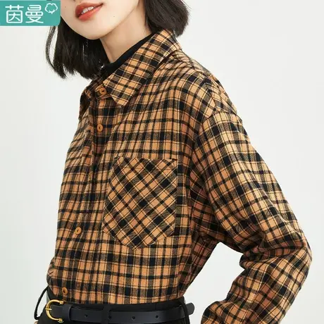 茵曼旗舰店复古女格子2023冬季新款格纹休闲翻领通勤色织格衬衫图片