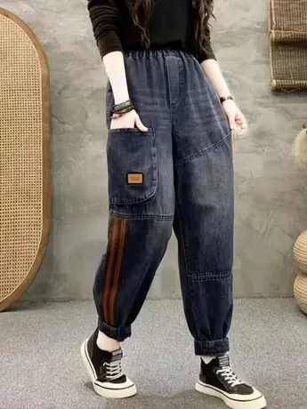 2023年秋季新款水洗牛仔哈伦裤大码宽松松紧腰显瘦百搭休闲裤子女商品大图