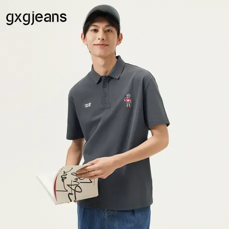 gxg.jeans男装 灰色趣味绣花商务翻领短袖polo衫男 25年夏新品图片