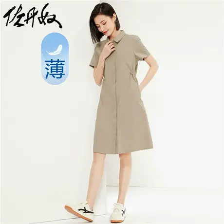 佐丹奴裙子女装纯棉梭织腰侧纽扣薄短袖衬衫连衣裙 05464320图片