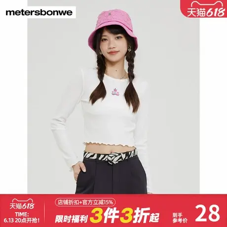 美特斯邦威T恤女春撞色线迹修身圆领长袖简约舒适高弹套头T恤衫图片