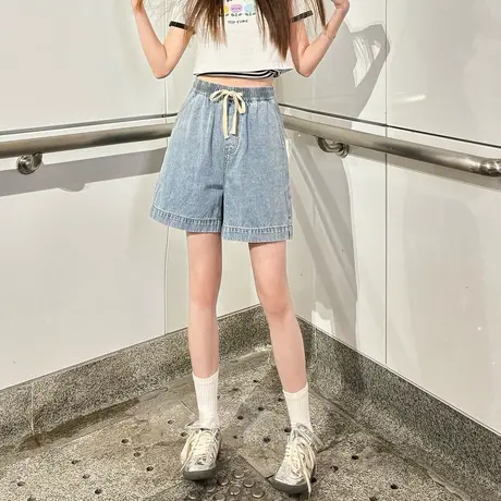 唐狮春夏季新款牛仔中裤女抽绳阔腿裤宽松潮流休闲百搭时尚图片