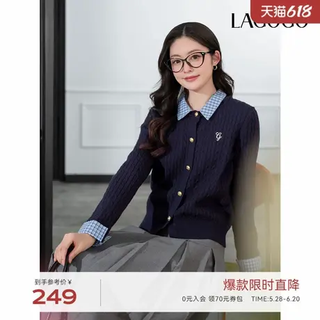 LAGOGO翻领藏青色针织衫女拉谷谷2025年春季新款miu系假两件上衣商品大图