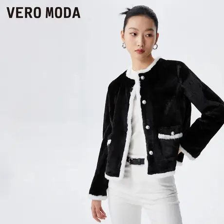 Vero Moda奥莱外套春秋新款宽松毛绒圆领拼色优雅夹克上衣女百搭图片