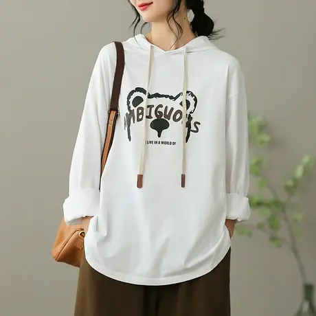 dza 复古女装白色连帽纯棉卫衣外套女士春季休闲薄款宽松长袖上衣商品大图