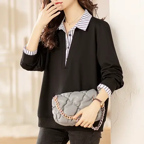 翻领女士长袖假两件卫衣春秋宽松加大码女装中年妈妈休闲显瘦上衣商品大图