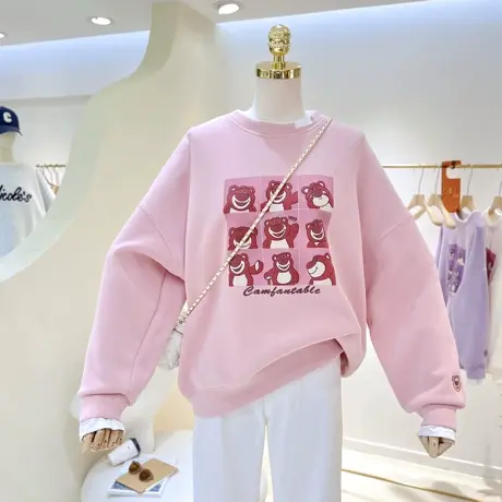 春秋破洞百搭卡通小熊印花宽松大码拼接假两件圆领套头卫衣女外套商品大图