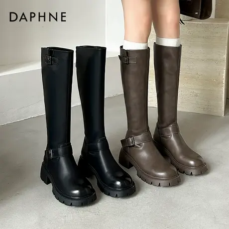达芙妮厚底长筒靴女2026新款靴子女秋冬加绒黑色高筒靴西部骑士靴商品大图