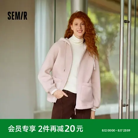 森马外套女仿羊羔毛摇粒绒双面穿宽松撞色2025冬新款连帽落肩夹克商品大图
