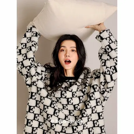 贝妍冬季加厚珊瑚绒睡衣女士新款圆领套头保暖家居服休闲大码套装商品大图