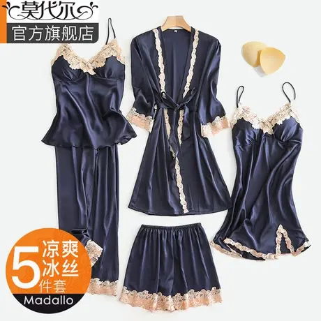 冰丝睡衣女2023新款夏款性感五件套丝绸带胸垫睡裙春秋家居服套装商品大图