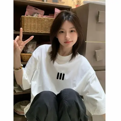美式高街潮牌夏季短袖白色t恤女宽松慵懒风设计感小众大码上衣ins商品大图
