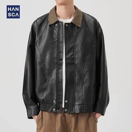 hansca复古撞色灯芯绒翻领黑色皮衣外套男秋冬季宽松拼接防风夹克商品大图