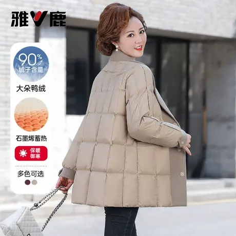 雅鹿2025新款毛呢拼接翻领轻薄羽绒服妈妈装石墨烯修身保暖冬装商品大图