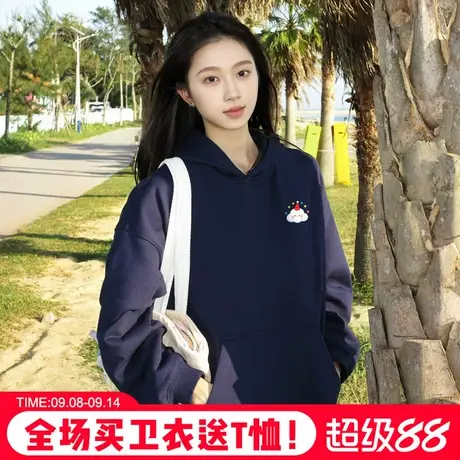 2025新款爆款超火ins风藏蓝色连帽卫衣女设计感卡通印花宽松上衣商品大图