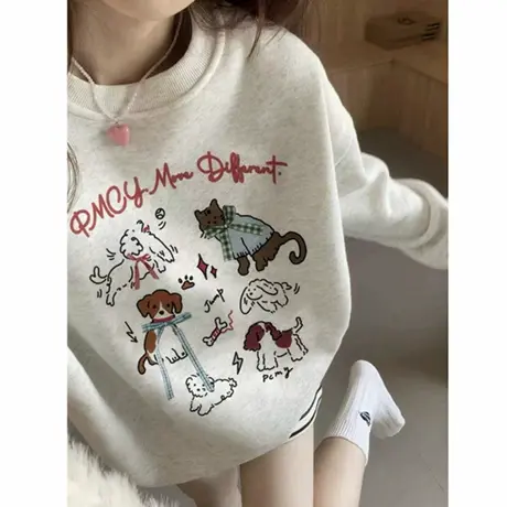 秋冬天狗狗印花灰色圆领卫衣女2025新款设计感小众宽松无帽上衣服商品大图
