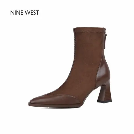奥莱专供Nine West/玖熙粗跟拼接弹力瘦瘦靴袜靴高跟短靴女款靴子图片