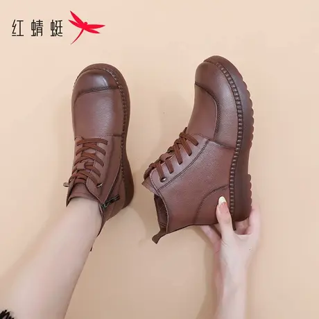 红蜻蜓妈妈女士棉鞋2025冬季新款真皮加绒保暖中老年人防滑短靴图片