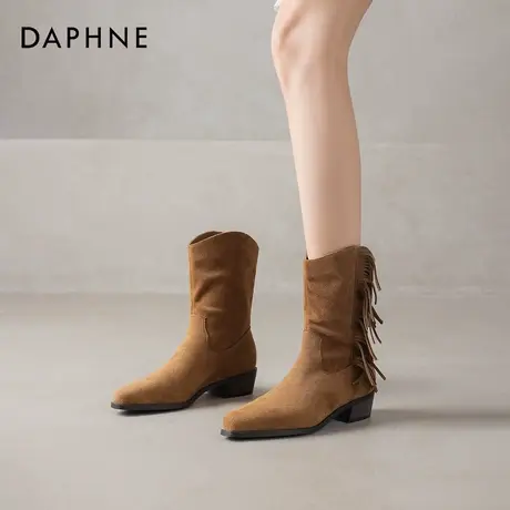 达芙妮美拉德西部牛仔靴女2026冬季新款流苏废土风尖头马丁靴短靴图片