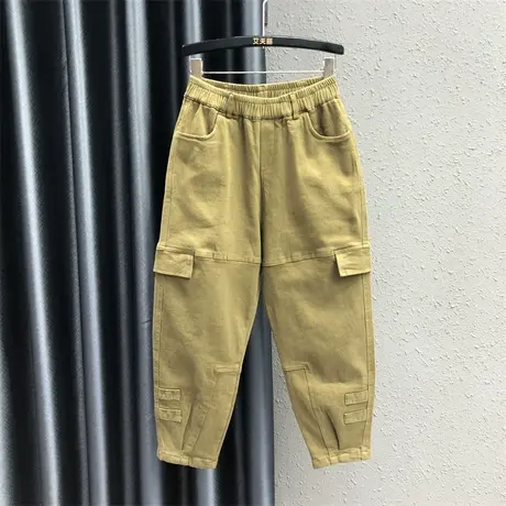 欧货卡其色小脚萝卜裤女士2023秋季新款松紧腰宽松显瘦老爹哈伦裤商品大图