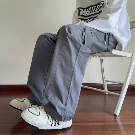 唐狮秋新款男休闲长裤男宽松阔腿工装裤简约抽绳直筒裤子潮流TE商品大图