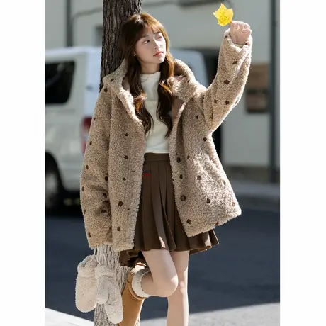 唐狮秋冬季女外套连帽仿羊羔毛厚款开衫斑点设计感时尚慵懒风TMTA商品大图