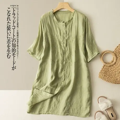 享永子七分袖苎麻刺绣中长款衬衫女夏文艺复古棉麻上衣薄2023新款商品大图