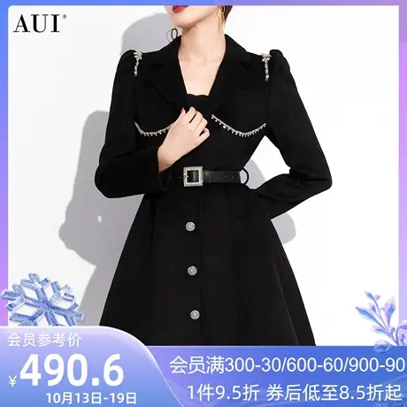 AUI黑色御姐气质毛呢外套女2023秋冬新款高级感修身长袖呢子大衣商品大图