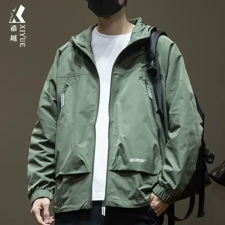 希越秋冬款工装风夹克男户外三防连帽冲锋衣宽松大码绿色运动外套商品大图