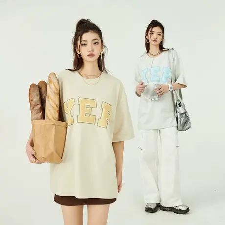 t恤新款2023发泡工艺夏季纯棉宽松大版短袖女上衣国潮美式复古商品大图