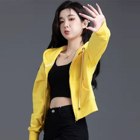 黄色连帽休闲卫衣女款外套短款运动开衫2023秋季爆款小个子上衣潮商品大图