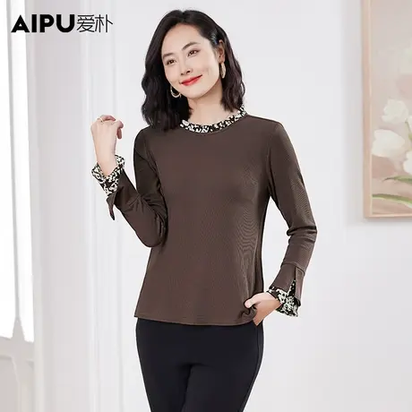 爱朴2023冬季新款气质大码胖mm显瘦时尚印花拼接撞色休闲打底衫图片