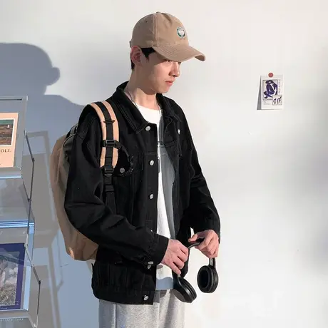 唐狮黑色牛仔外套男士春秋新款青少年外套休闲潮流夹克高级感痞帅图片
