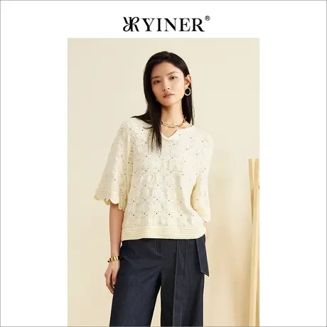 YINER音儿女装秋季镂空短款上衣五分袖针织衫商品大图