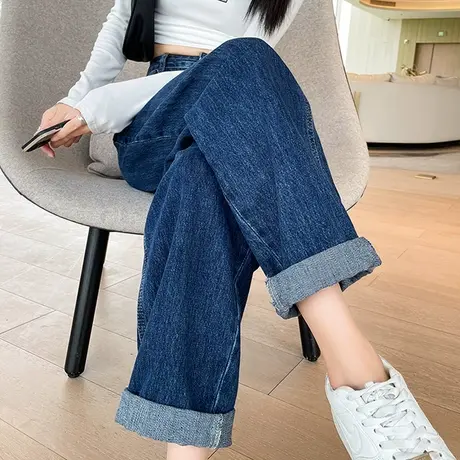 直筒牛仔裤女秋冬2023年新款宽松高腰显瘦小个子深蓝色阔腿裤子女商品大图