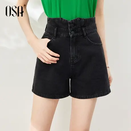 OSA欧莎黑色高腰小个子a字五分裤短裤女直筒牛仔裤夏季2023年新款商品大图