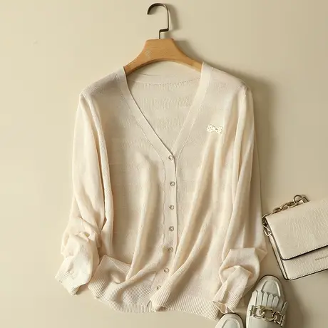 冰丝针织开衫女薄款V领长袖春装新款外搭防晒空调衫夏季披肩外套商品大图