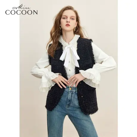 MISSCOCOON百搭大V领马甲2023冬季新女双面织法工艺香风毛针织衫商品大图