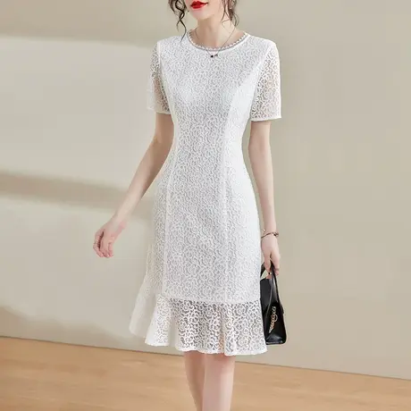 水墨青华夏季新款百搭显瘦蕾丝裙子时尚洋气白色短袖连衣裙商品大图