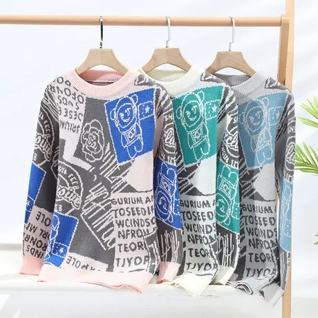 秋冬季涂鸦毛衣男士圆领帅气毛线羊毛衫青少年潮流个性印花针织衫商品大图