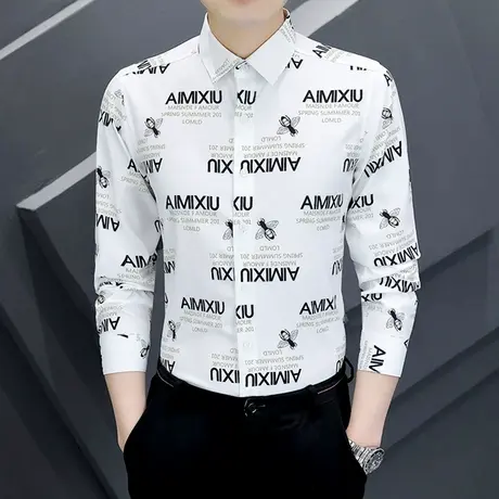 潮牌高级感印花字母衬衫男长袖秋季2023新款ins韩版痞帅修身衬衣商品大图