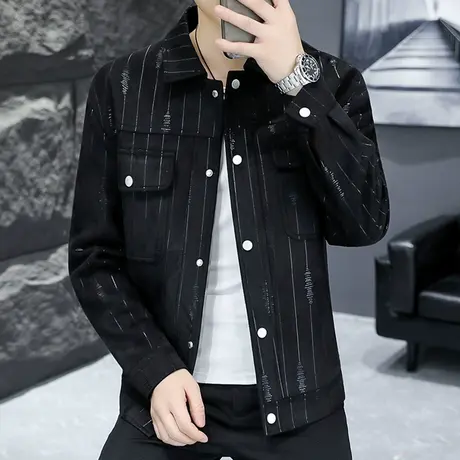 潮流帅气鹿皮绒外套男士新款秋季休闲条纹夹克衫短款修身工装秋装图片