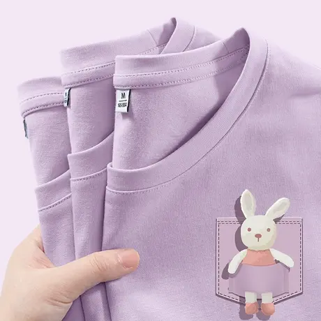 ZR真维斯紫色纯棉短袖t恤女夏 2023新款复古流行宽松圆领体恤上衣商品大图