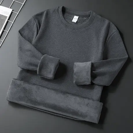 圆领长袖t恤男潮牌潮流秋冬季加绒加厚纯色内搭打底衫保暖秋衣服商品大图