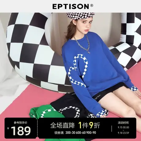 EPTISON卫衣女2023秋季新款宽松慵懒风克莱因蓝棋盘格针织上衣图片