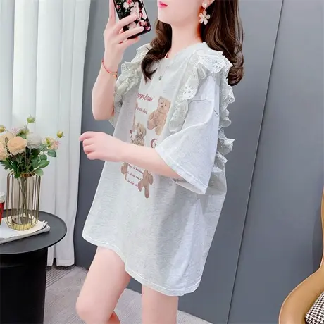 甜美小清新短袖T恤女夏季2023新款宽松洋气减龄设计感蕾丝边上衣商品大图