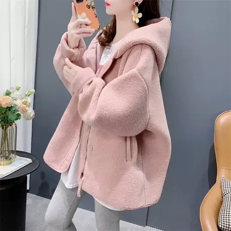 慵懒风连帽羊羔毛外套女加厚2023年冬季新款宽松休闲皮毛一体上衣图片