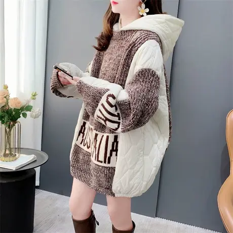 重工拼接夹棉连帽毛衣外套女中长款2023新款秋冬宽松休闲针织上衣商品大图